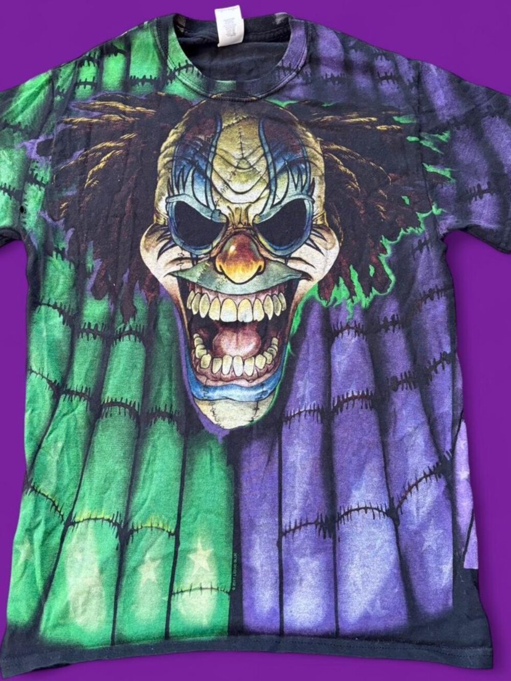 Liquid Blue purple & green double sided carnival clown and jester tee.